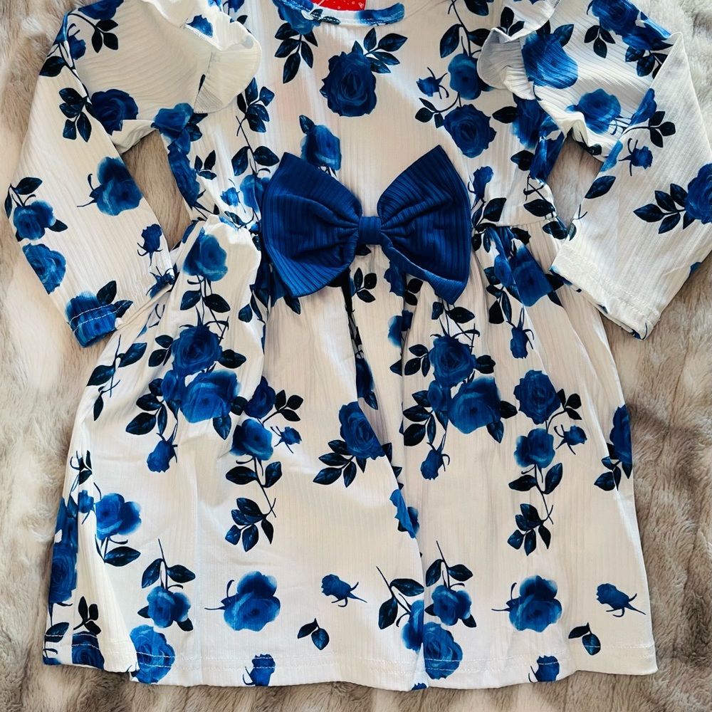 Charming Kids Dress with Blue Floral Pattern and Bow